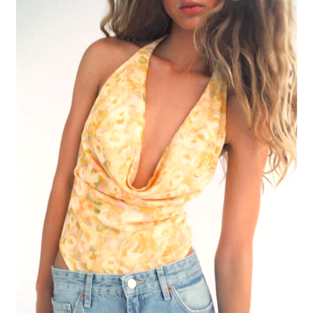NWT PRINTED TULLE YELLOW FLORAL BODYSUIT